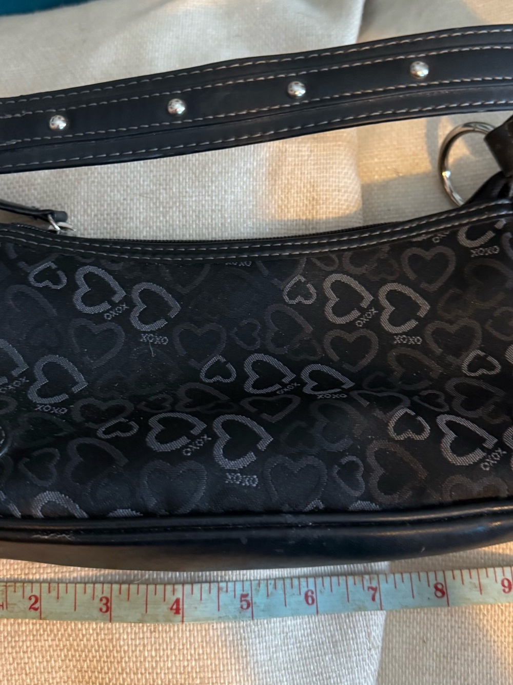 XOXO Black Heart Jacquard Mini Shoulder Bag with Studded Strap
